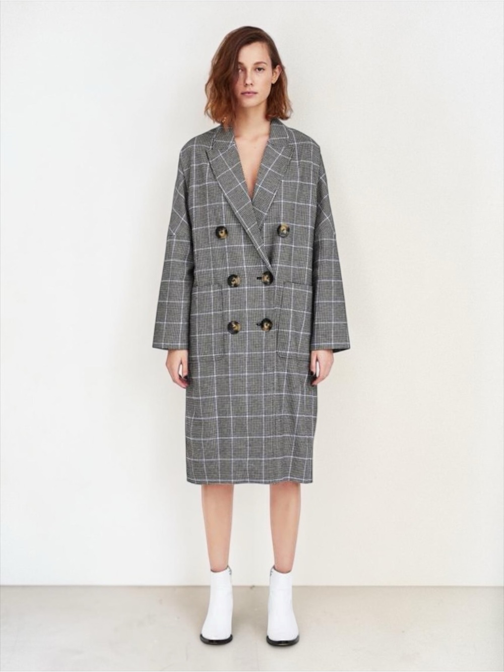 🌻ZARA Long Checked Double Breasted Coat Plaid Tweed Trench Jacket size Small